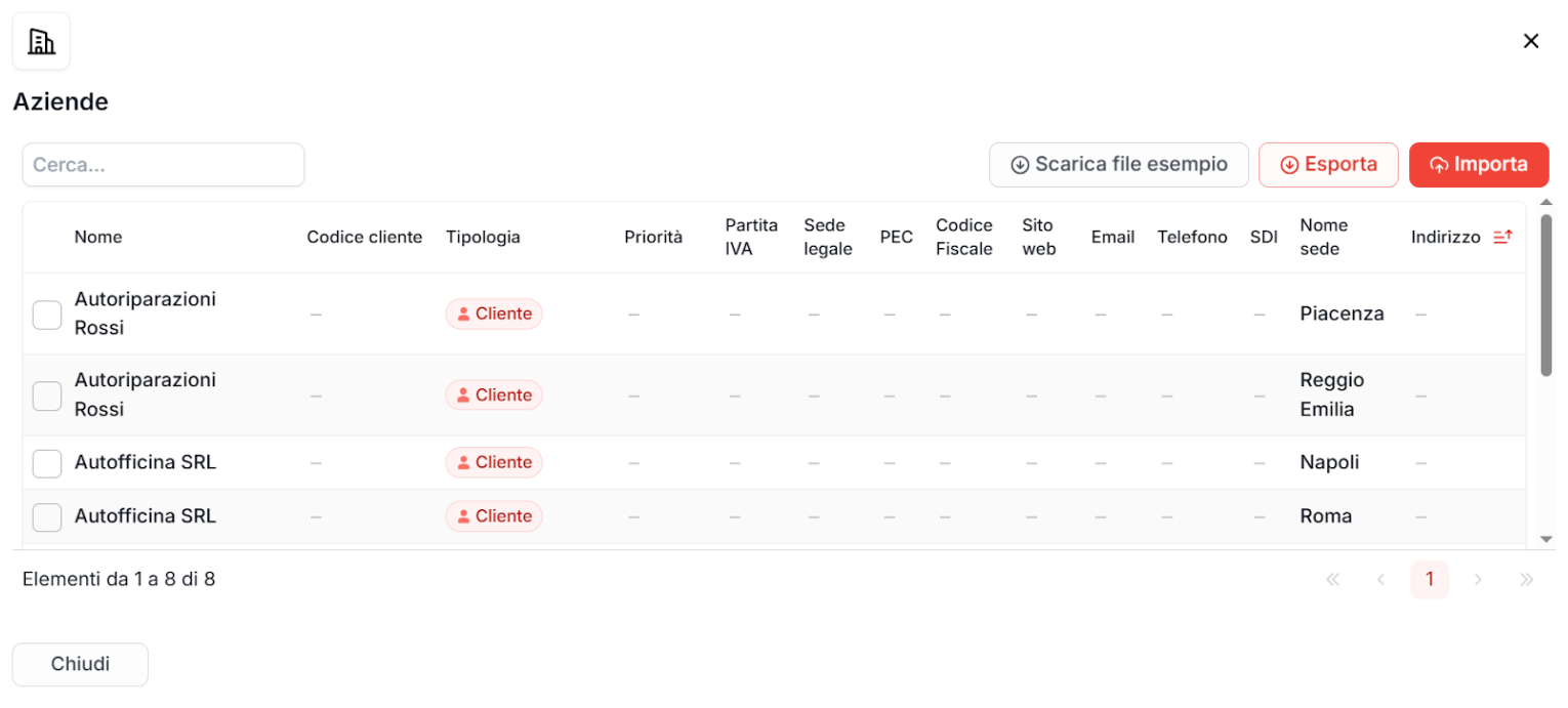 Schermata aggiunta aziende excel