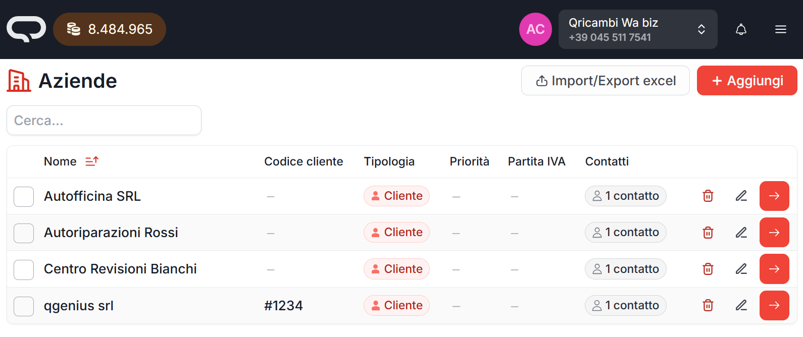 Schermata lista aziende