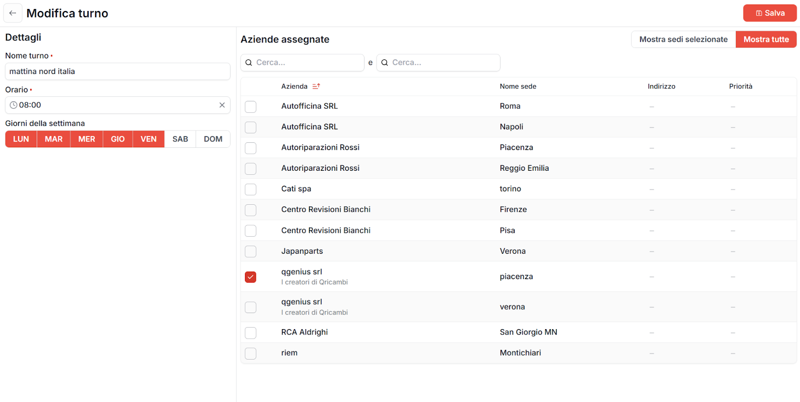 Schermata modifica turni di consegna
